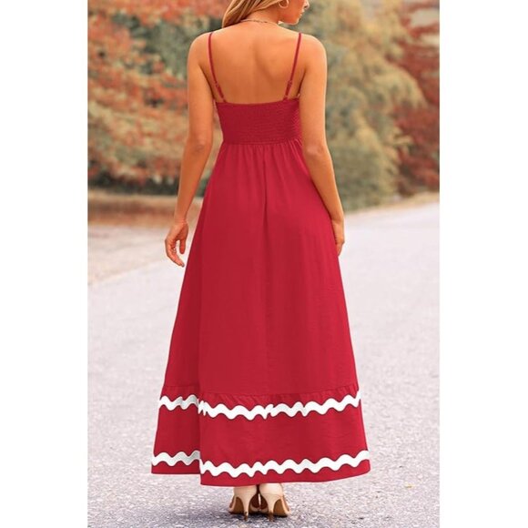 Womens Red Maxi Dress With White Trim Spaghetti Straps Elastic Shirred Back Slee - Picture 2 of 2